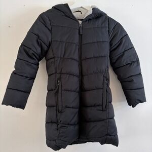 Lands End Girls Black Quilted Puffer Parka Jacket Faux Fur Lined Hooded Size M 8
